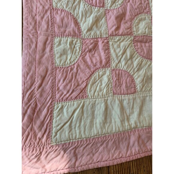 Handmade Pink White Patchwork Quilt Baby Blanket Throw 32x39 Cottagecore Prarie - Picture 2 of 7